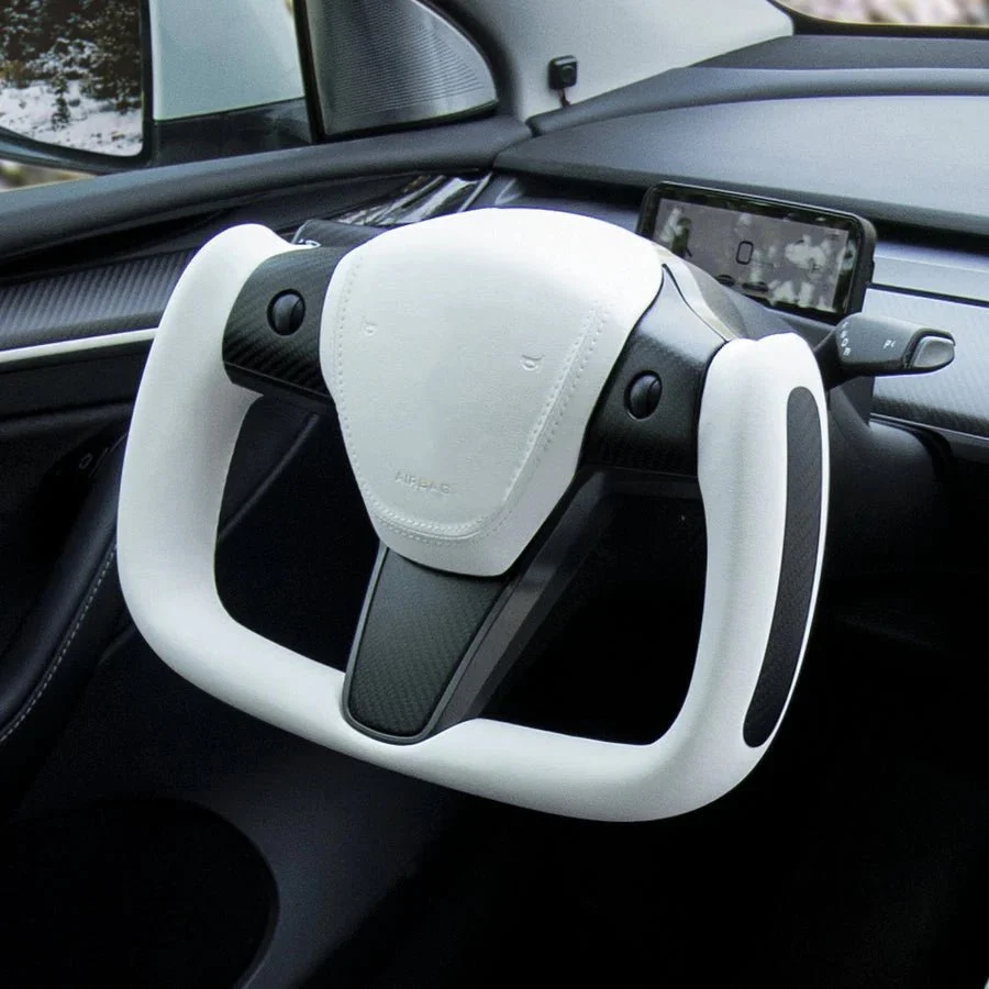 TESLA MODEL Y BEYAZ NAPPA DERİ PARLAK KARBON BELT YOKE DİREKSİYON